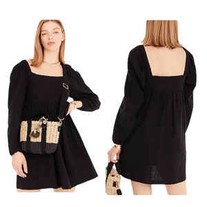 J. Crew Dress Squareneck Soft Gauze Mini Smocked Puff Sleeve Black NEW NWT L